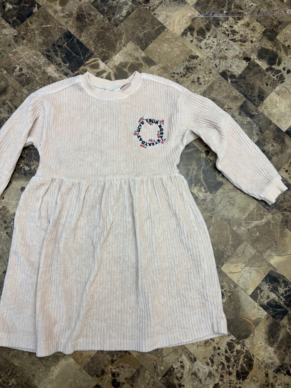Zara Cream Corduroy Long Sleeve Dress with Embroidered Chest floral 3-4 years